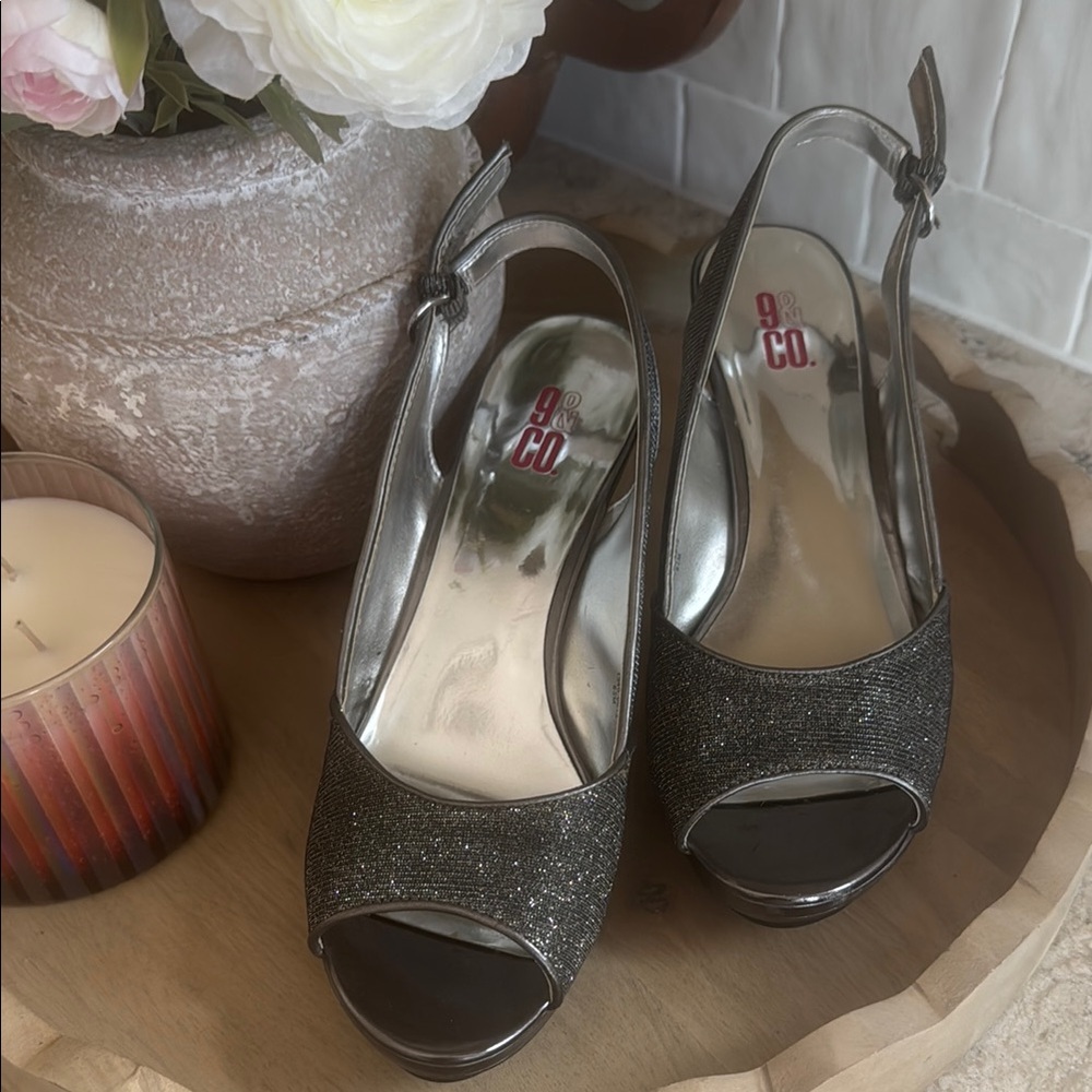 Silver Slingback Peep Toe Heels